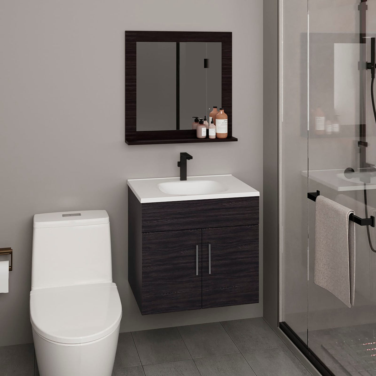 Modern Black Wall-Mounted Bathroom Vanity with Mirror and Storage