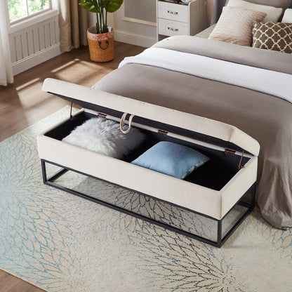 Beige Velvet Storage Bench with Metal Base for Bedroom or Guest Room