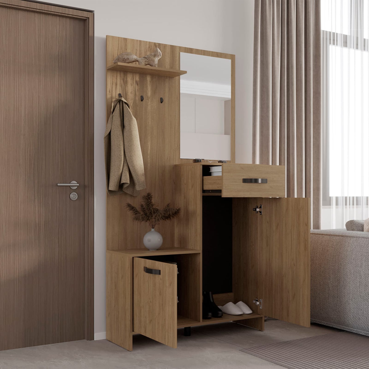 Natural Wood Hall Tree with Mirror & Storage
