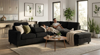 102" Black Linen Sectional Sofa - 5 Seat L-Shaped Couch