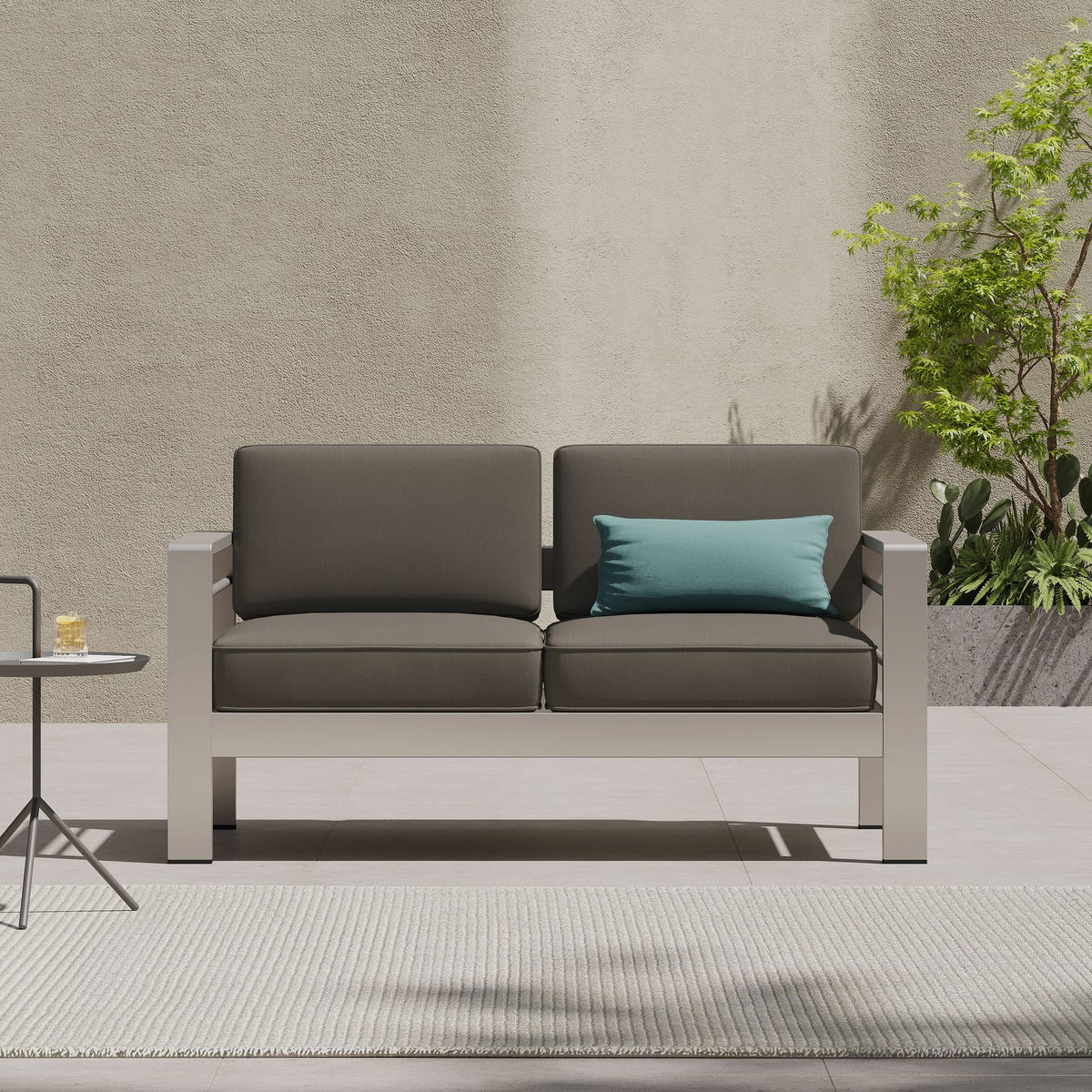 Khaki Aluminum Patio Loveseat for Garden and Poolside Seating