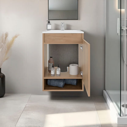 Natural Oak Bathroom Vanity - Wall Mounted Storage