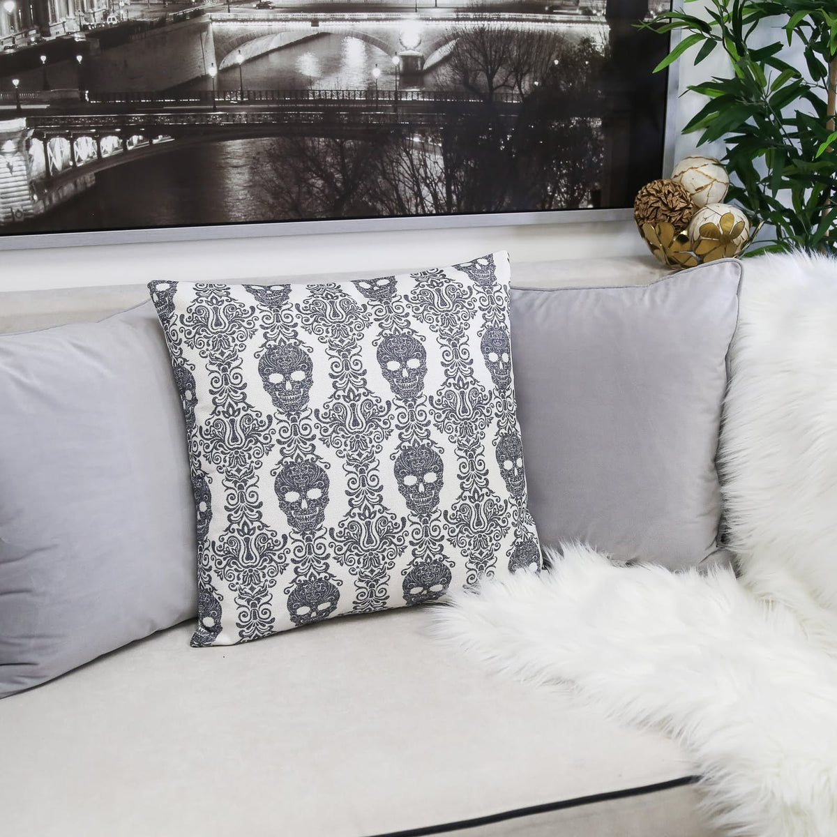 Gray Gothic Damask Skull Throw Pillow 20x20