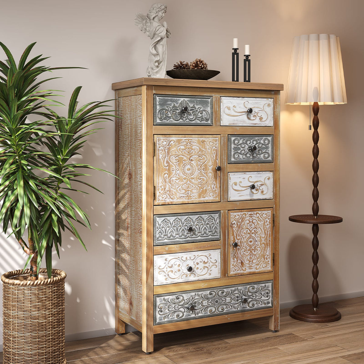 Colorful Vintage Accent Cabinet - 7 Drawers, Rustic Storage Chest for Living Room