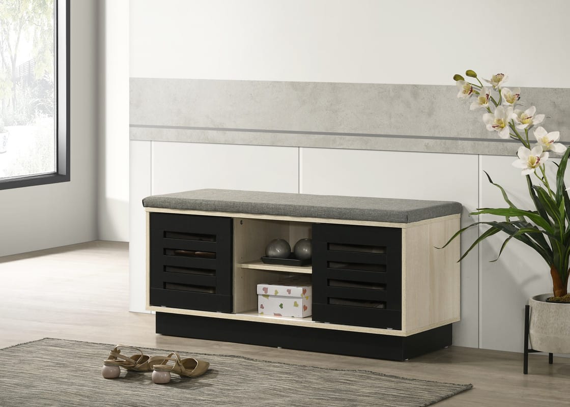 38.5" Oak Storage Bench with Gray Upholstered Top