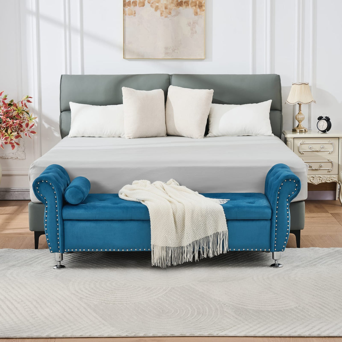 Eucalyptus Blue Velvet Storage Bench for Bedroom and Living Room