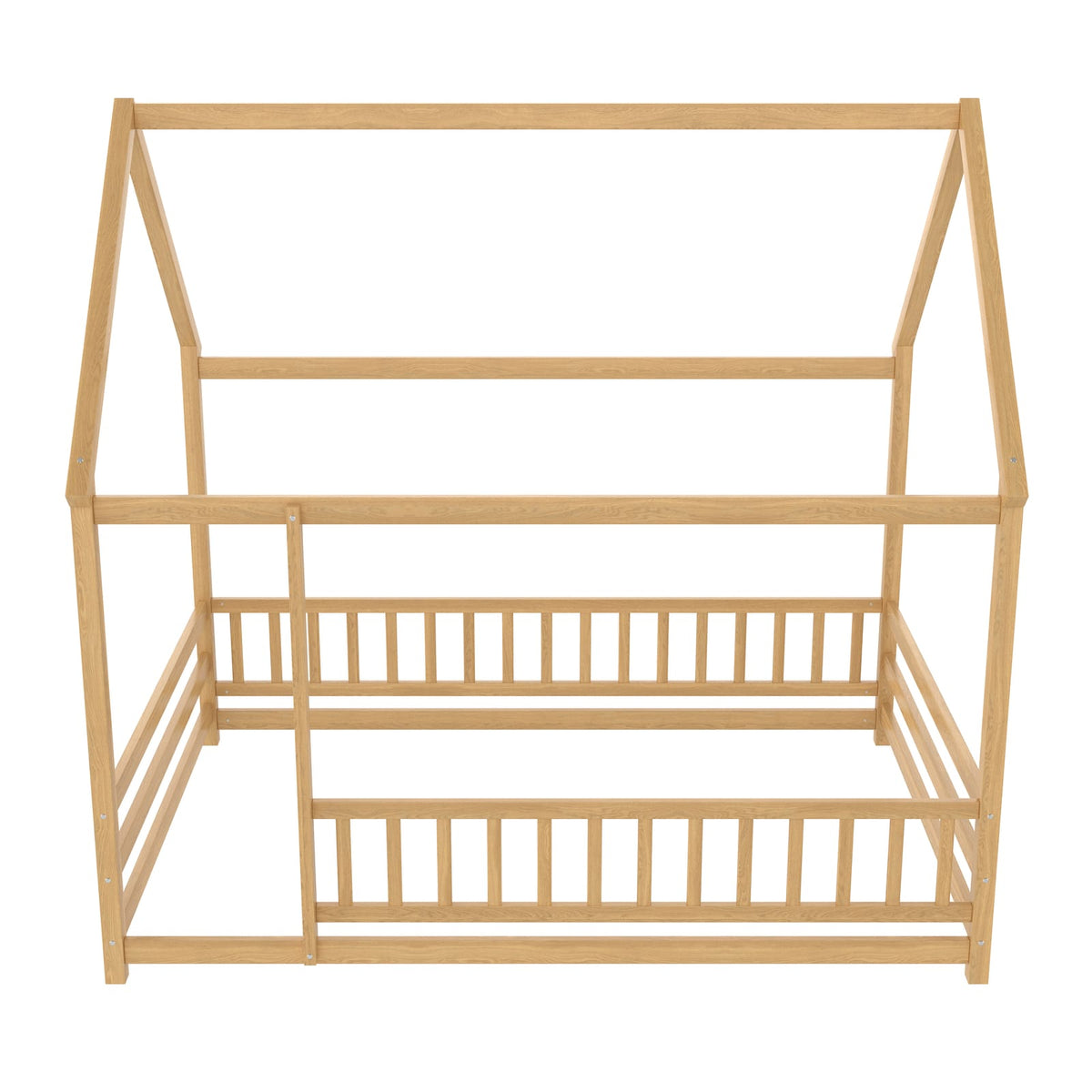 Full Size Wooden Bed with House Roof Frame - Natural for Bedroom
