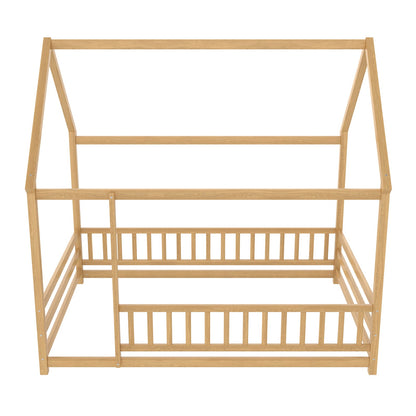 Full Size Wooden Bed with House Roof Frame - Natural for Bedroom