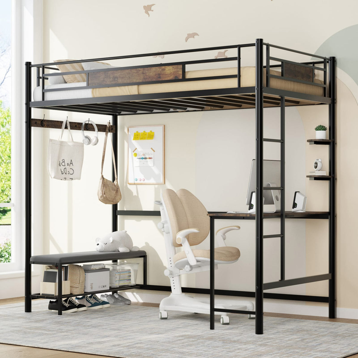 Twin Size Metal Loft Bed Frame with Brown Storage for Bedroom