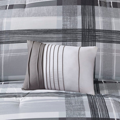 Full/Queen Plaid Comforter Set - Black & Grey