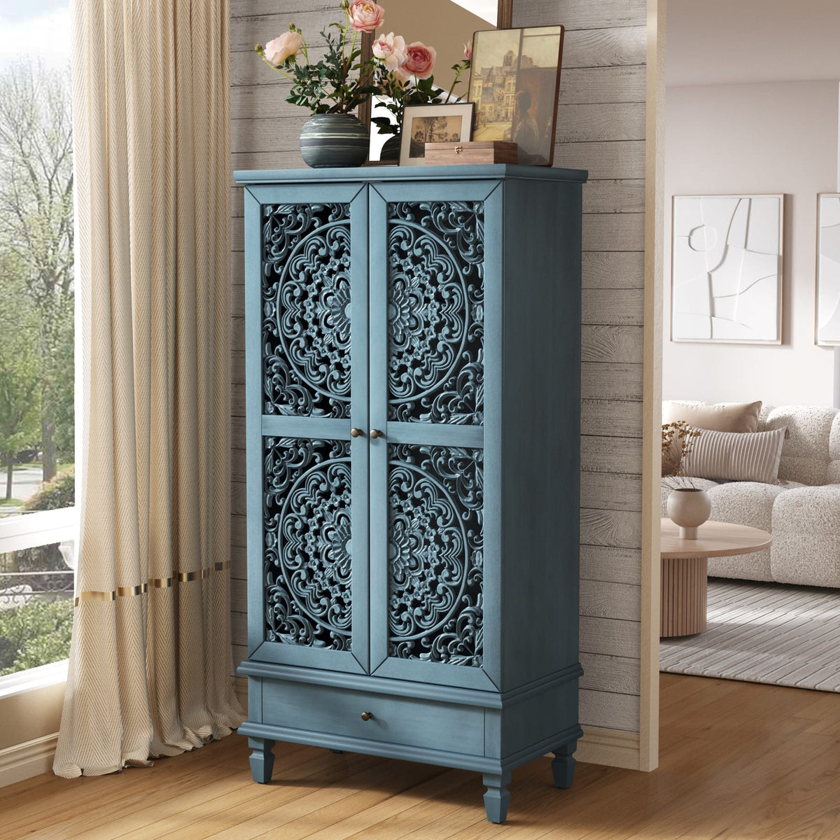 Rustic Antique Blue Storage Cabinet - 55" Tall Accent Cabinet