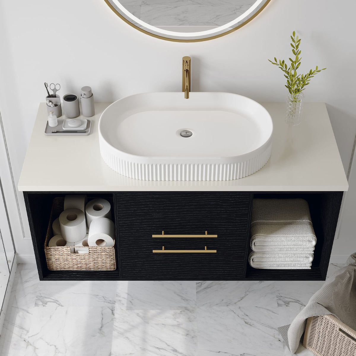 White Ceramic Bathroom Vanity with Oval Sink