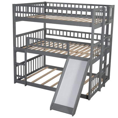 Full-Over-Full-Over-Full Triple Bed with Ladder & Slide, Gray for Bedroom