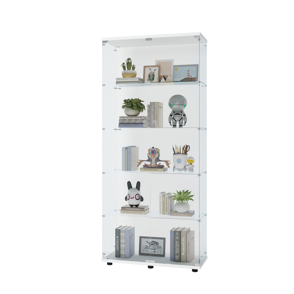 5-Shelf Glass Display Cabinet - White - 74.3" Tall for Living Room