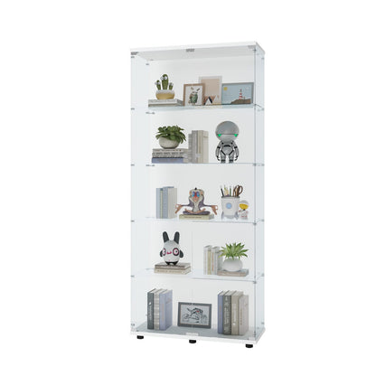 5-Shelf Glass Display Cabinet - White - 74.3" Tall for Living Room