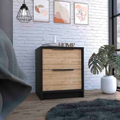 Black and Pine Nightstand with Two Drawers - 19 H