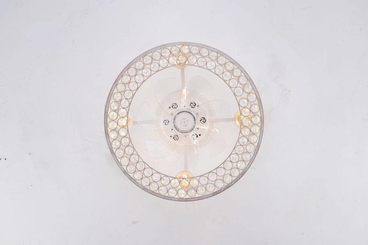 Flush Mount Ceiling Fan with Light - Gold & White Crystal, 6 Speed Remote Control
