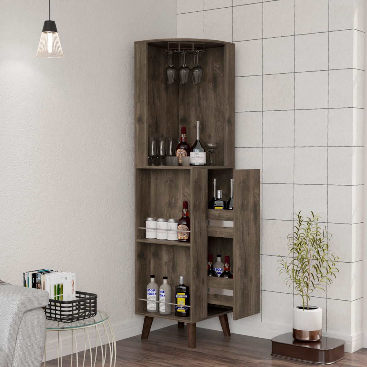 Brown Corner Bar Cabinet with Wine Rack & Shelves for Living Room