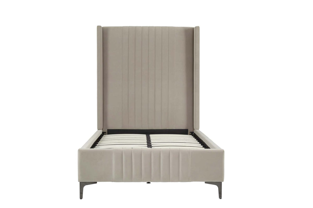 Taupe Eucalyptus Velvet Twin Bed Frame with Mid-Century Modern Headboard for Bedroom