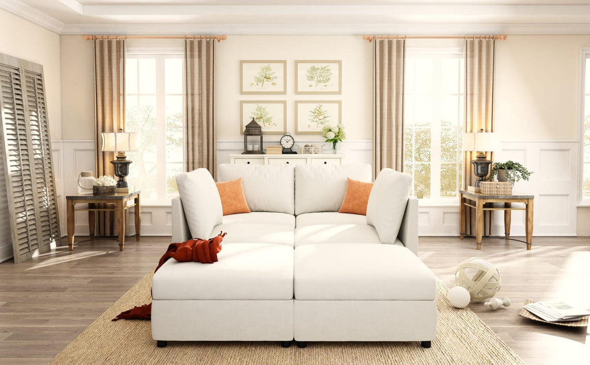 6 Seat Antique White Fabric Storage Sofa with Ottomans
