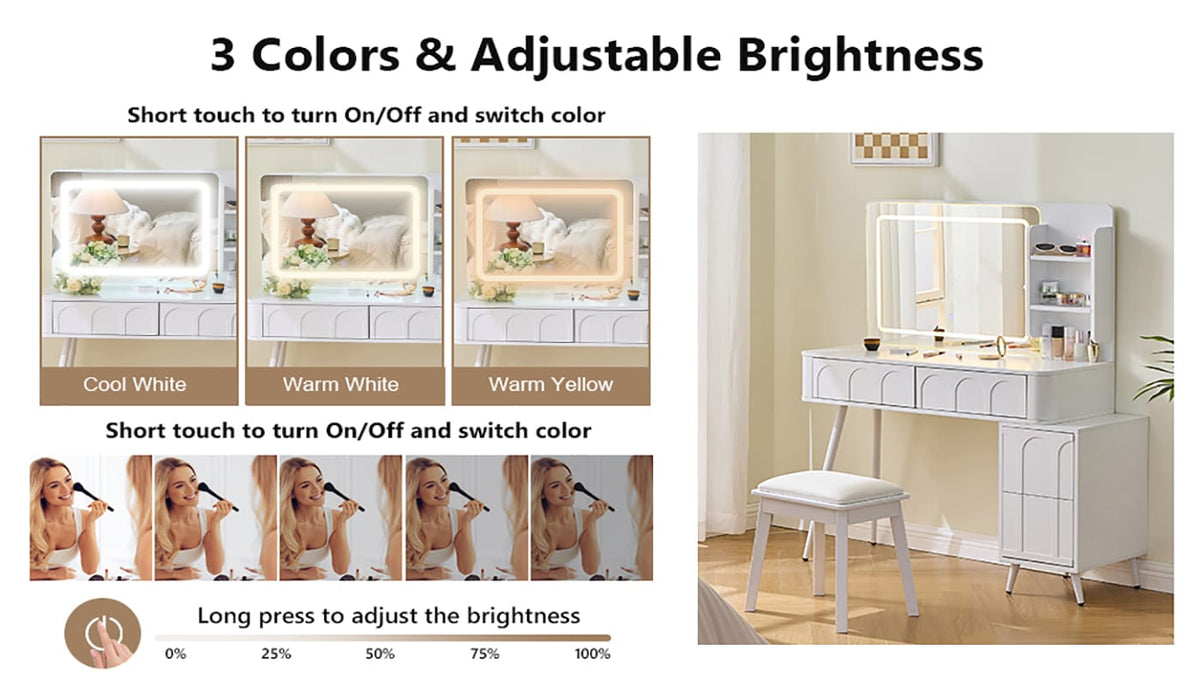 White Makeup Vanity Desk with LED Mirror & Stool - 4 Drawers for Bedroom