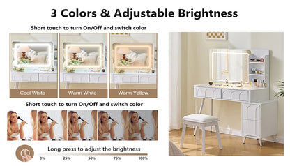 White Makeup Vanity Desk with LED Mirror & Stool - 4 Drawers for Bedroom