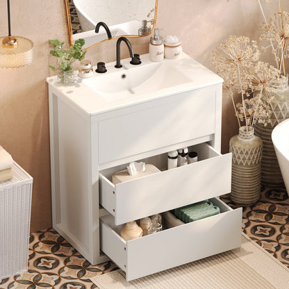 30 inch White Bathroom Vanity with Ceramic Sink and Soft Close Drawers