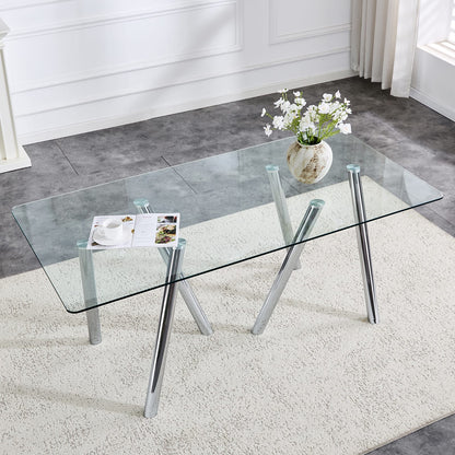 71 Inch Tempered Glass Dining Table - White Metal Legs