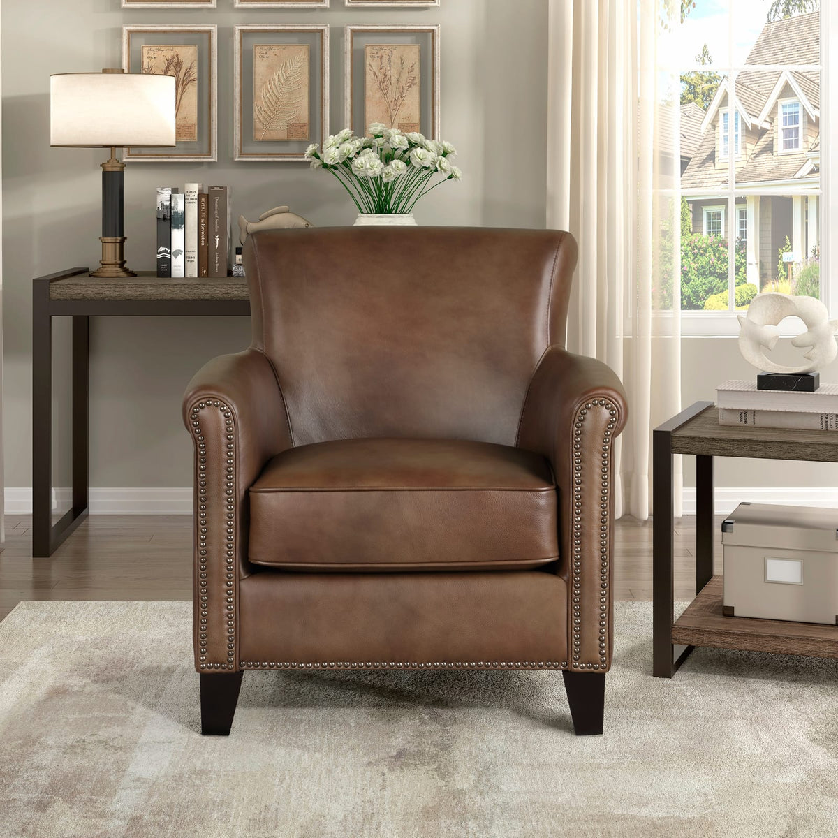Brown Leather Accent Chair - Classic Style for Living Room