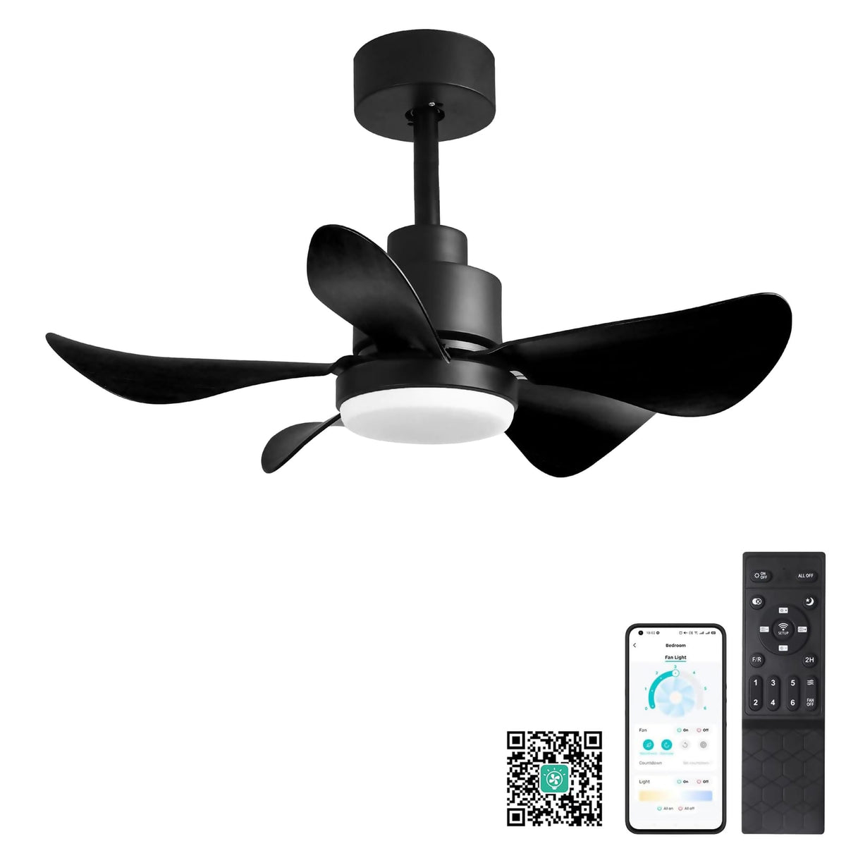 28 Inch Ceiling Fan with Lights - Black, Remote Control