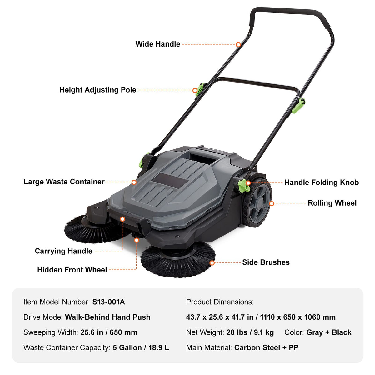 Gray Carbon Steel Hand Push Sweeper - 25.6" Floor Sweeper