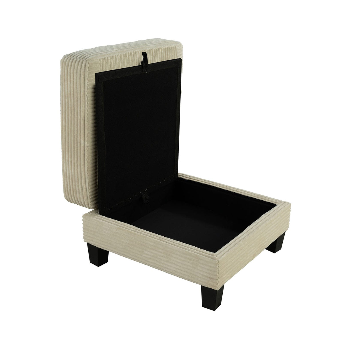 Contemporary Storage Ottoman - Beige Fabric & Wood Legs