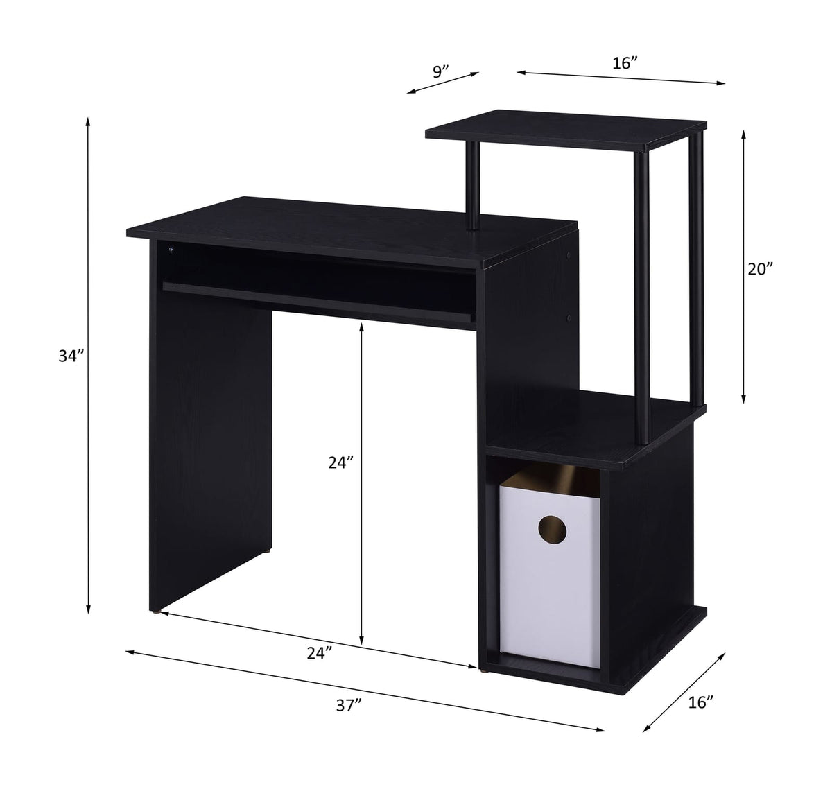 Black Computer Desk with Storage Shelves - 37" L for Home Office