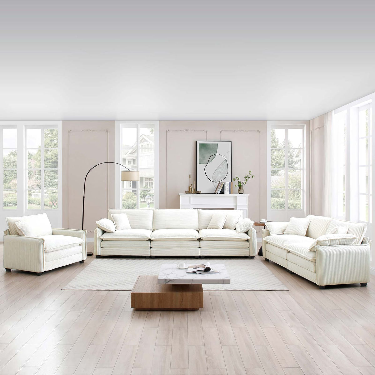 6 Seat Beige Corduroy Sofa - Retro Sectional Sofa