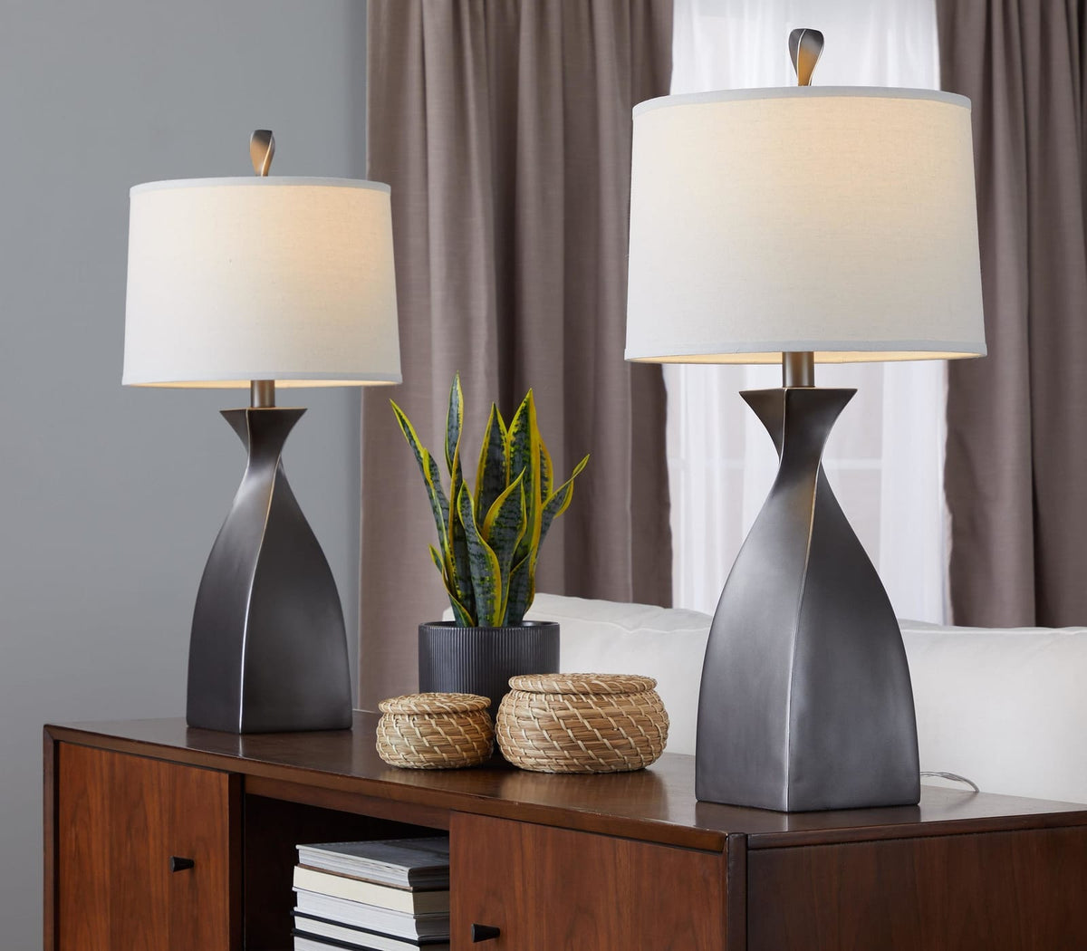 Grey Linen Table Lamps Set - 30 Inch Modern Lighting