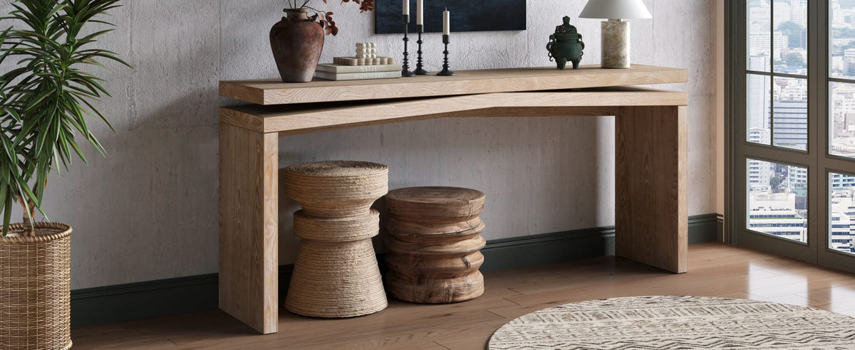 65 Inch Rustic Farmhouse Console Table - Natural Wood