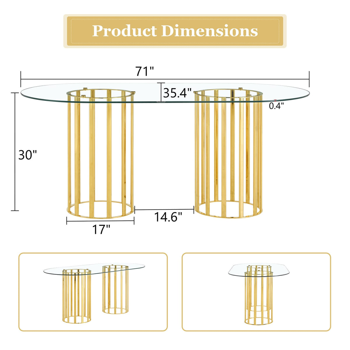 71 inch Gold Glass Dining Table for Kitchen or Dining Room