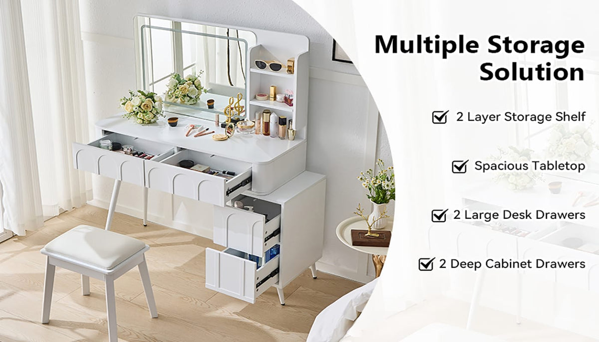 White Makeup Vanity Desk with LED Mirror & Stool - 4 Drawers for Bedroom
