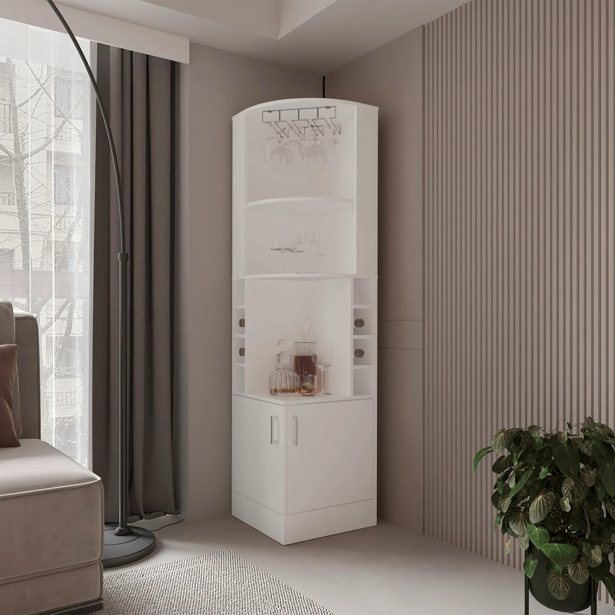 White Corner Bar Cabinet with Wine Storage - Freestanding Shelves