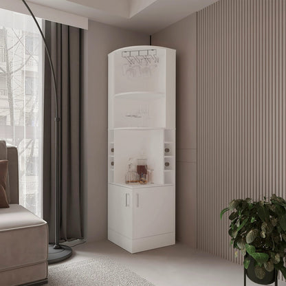 White Corner Bar Cabinet with Wine Storage - Freestanding Shelves
