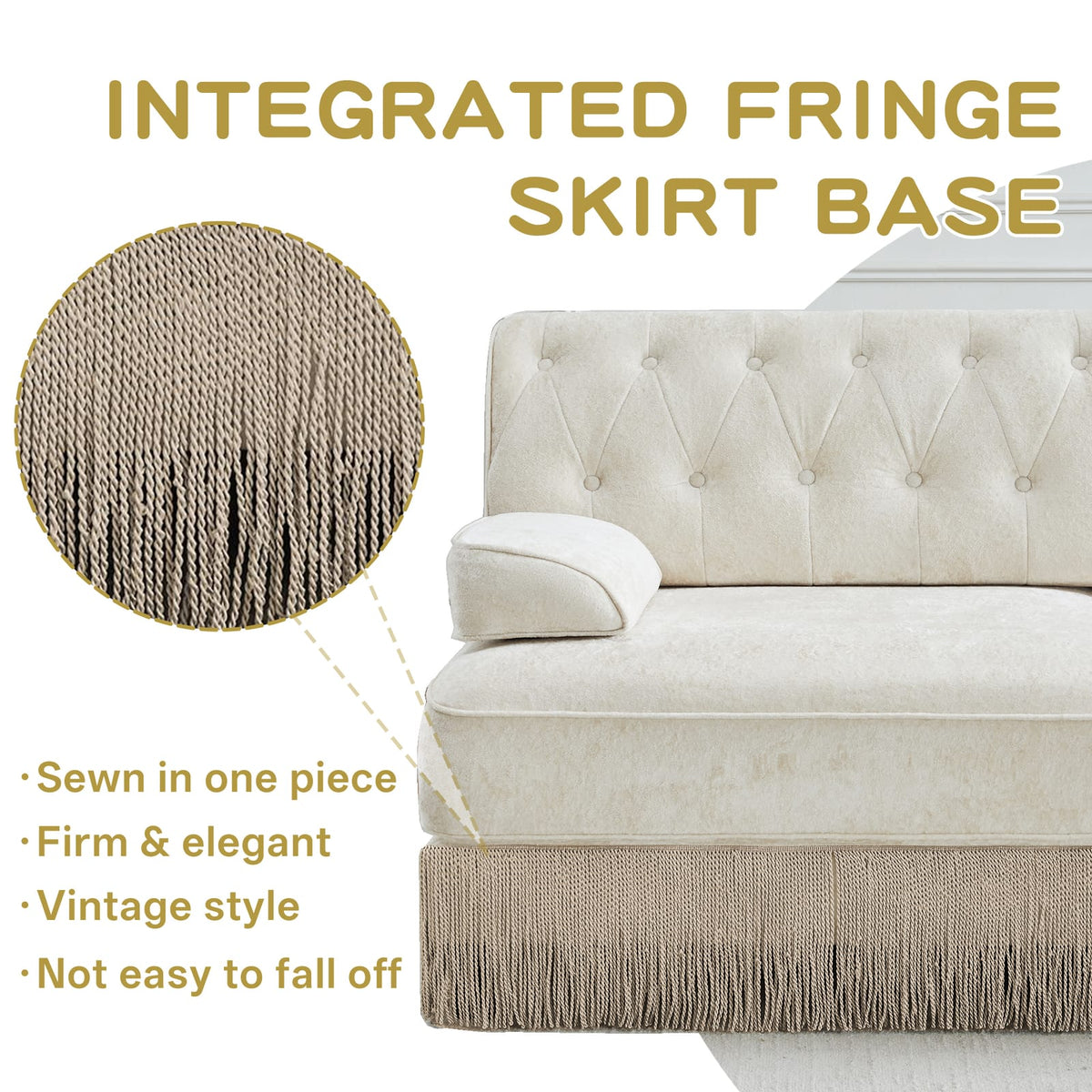 L-Shaped Velvet Sofa Beige, Chesterfield Style with Tassel Skirt