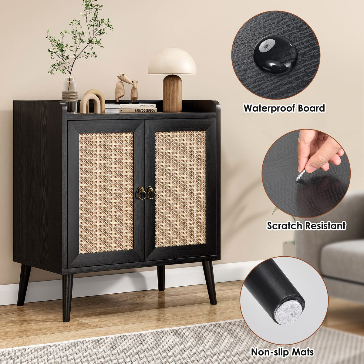 Rattan Buffet Cabinet - Black Sideboard Storage