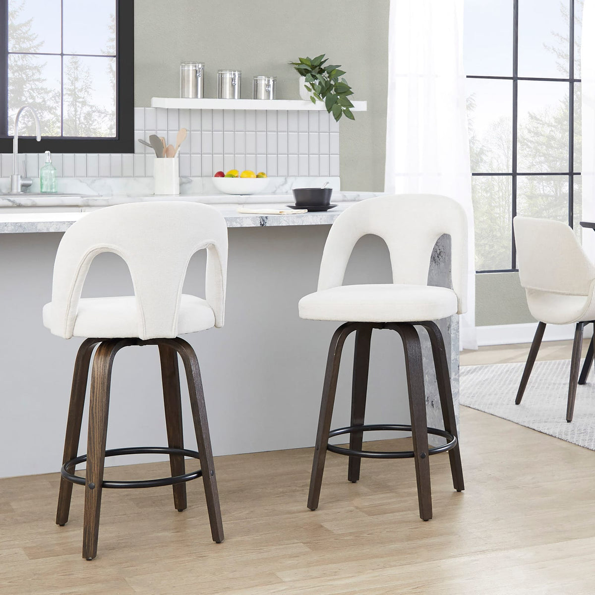White Fabric Counter Stools Set of 2 - Swivel Stools