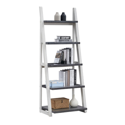 5-Tier Shelves - Grey+White Solid Wood Storage Rack for Home Office & Living Room