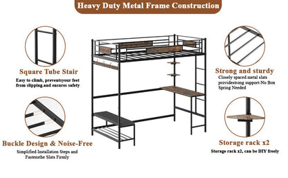 Twin Size Metal Loft Bed Frame with Brown Storage for Bedroom