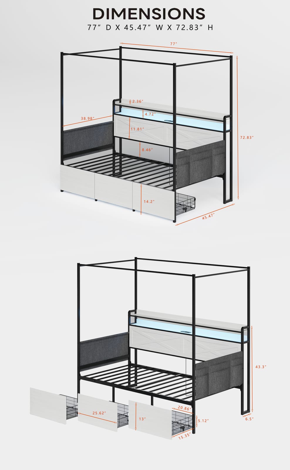 Twin Size Bed Frame with Storage Drawers, White MDF Metal