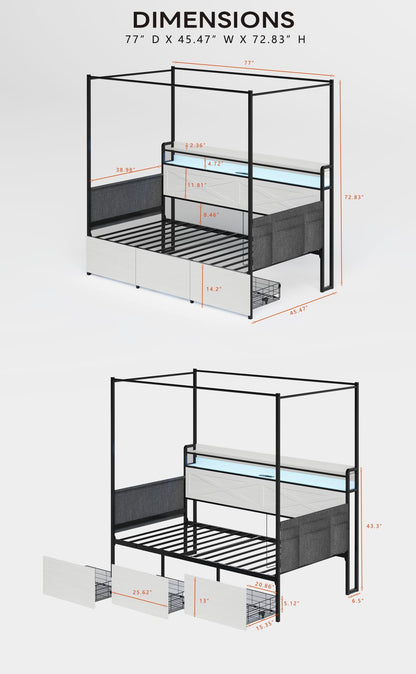 Twin Size Bed Frame with Storage Drawers, White MDF Metal
