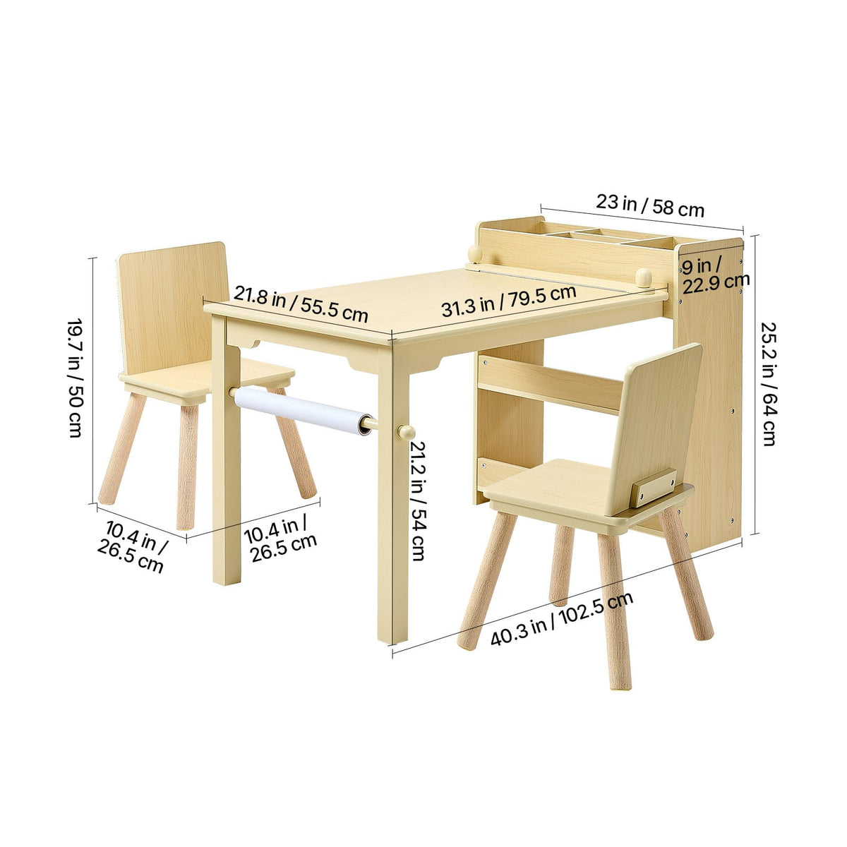 Kids Art Table & 2 Chairs - Wood Storage Desk