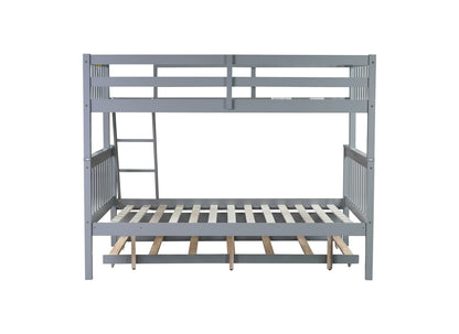 Twin Over Full Bunk Bed with Trundle - Grey Rubber Wood for Bedroom