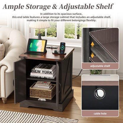 Rustic Grey End Table with Charging Station, Walnut Top, Storage for Living Room